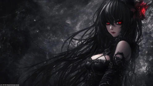 Dark-haired figure with red eyes stands in textured space