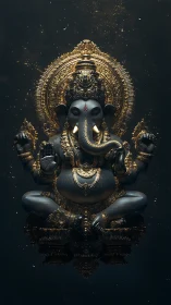 Radiant Ganesha statue glows softly in ornate golden splendor