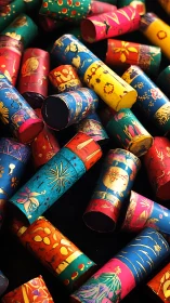 Color-saturated decorative cylinders with golden folk motifs.
