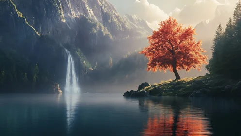Red tree stands beside mountain lake under soft morning light
