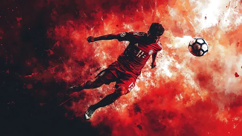 Explosive red soccer artwork capturing dynamic midair volley.