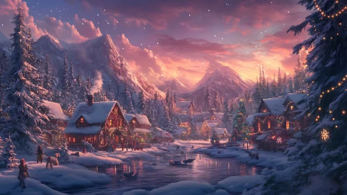 Snow-covered alpine Christmas village at sunset by river
