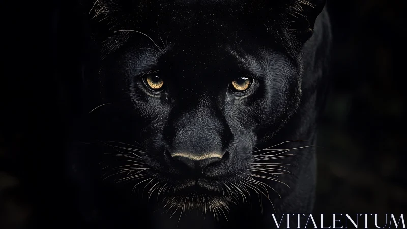Black Panther Portrait with Amber Luminescence Against Deep Black Background
