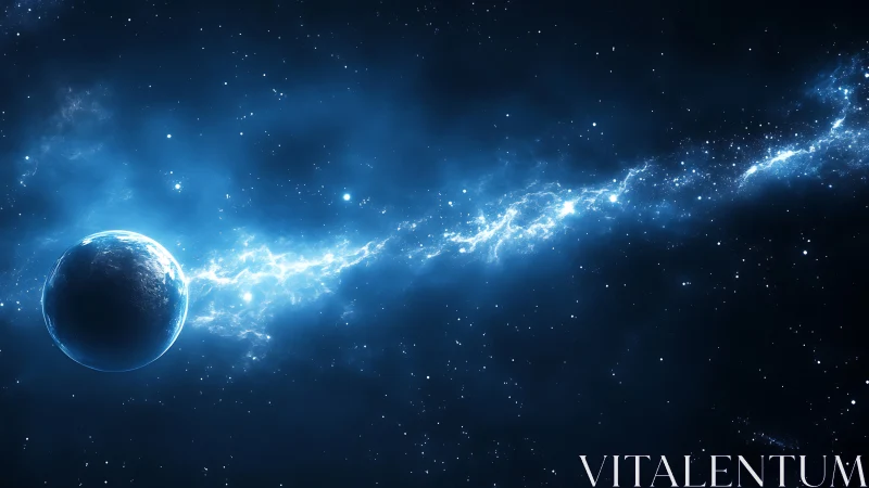 Midnight planet adrift beside a crackling cosmic river.