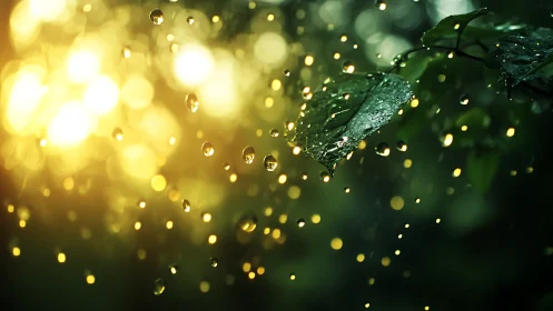 Sunlit raindrops fall past wet green leaves in forest air