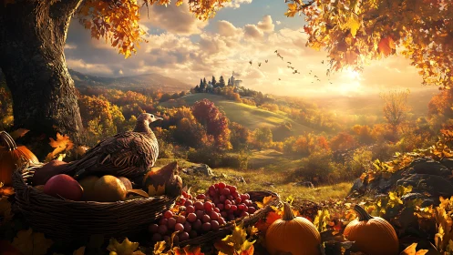 Harvest hills glow while a patient pheasant guards autumn’s feast