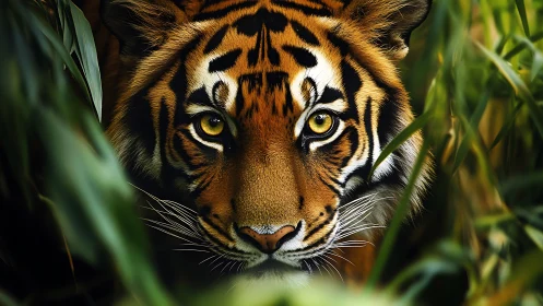 Jungle-eyed tiger watches the world through emerald shadows.