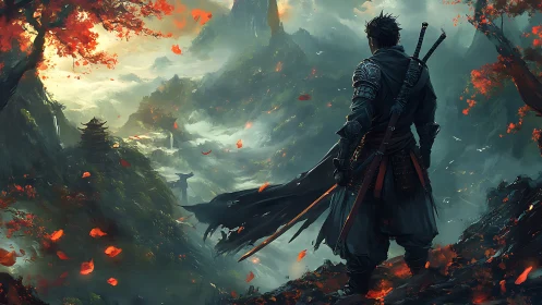 Armored swordsman surveys mist-laden valley with dynamic depth cues