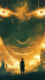 Lone figure confronts colossal AI face in blazing neon storm