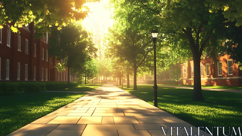 Sunlit paved walkway through campus trees and buildings.