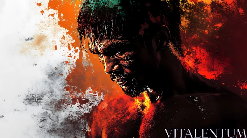 Intense male fighter portrait in bold fiery colors.