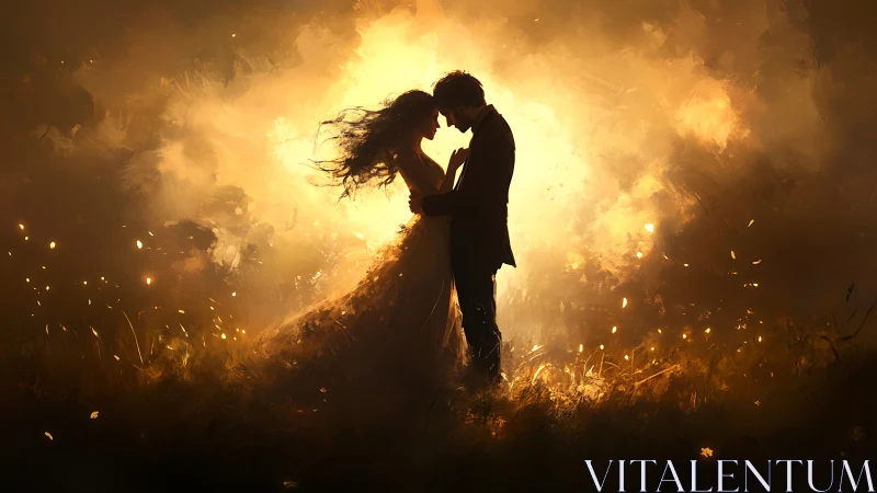 Silhouetted Couple in Golden Atmospheric Luminescence.