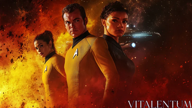 Starfleet officers stand defiant amid blazing cosmic firestorm