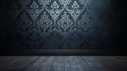Dark damask patterned wall with empty wooden floor interior.