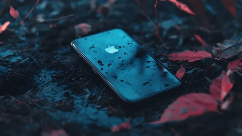 Smartphone rests on wet forest floor under teal light.