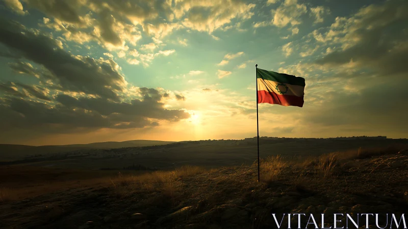 Sunlit tricolor flag over distant hills at dramatic sunset.