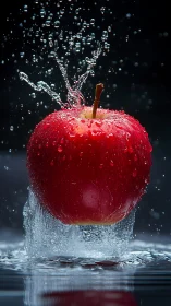 Red apple suspended in water splash against dark ground.