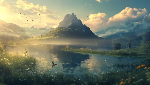 Mountain lake landscape shows layered depth and soft lighting