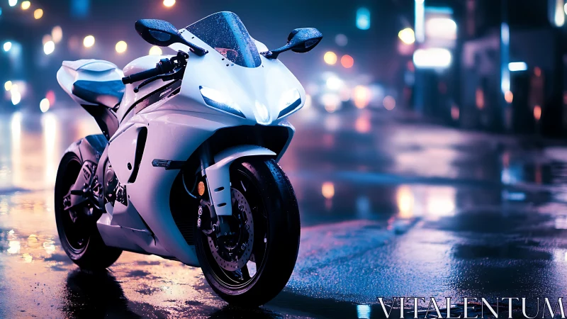 Aerodynamic sportbike reflects neon rain on nocturnal city street