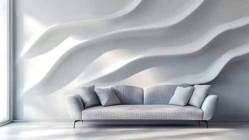 Minimalist sofa against sculpted white wave relief wall.