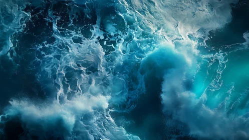Aerial macro study of turbulent teal ocean waves in motion