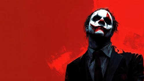 Defiant clown figure in suit against stark red backdrop.