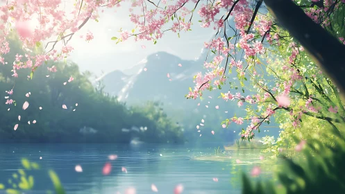 Cherry tree branches over mountain lake with blossoms falling.
