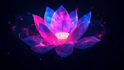 Cosmic lotus blossom glows with neon galactic light.
