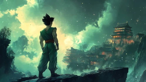 Lone warrior greeting a glowing mountain city at dusk.