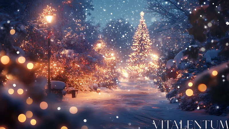 Digital painting of snowy park path with festive bokeh lights.