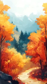 Autumn's Fiery Portal: Mountains Emerge Through Golden Foliage