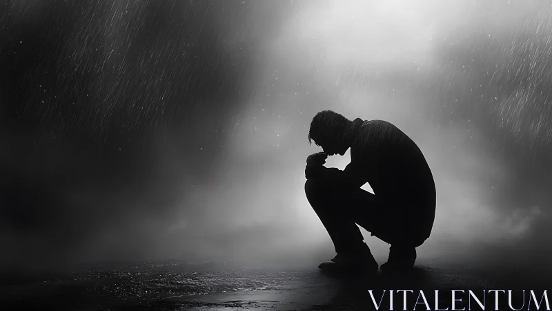 Silhouetted man crouching alone in heavy nighttime rain.