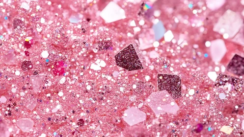 Pink glitter macro reveals faceted shards and bokeh light.