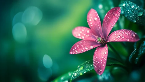 Pink flower with water droplets photographed in shallow depth of field