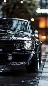 Sleek classic black muscle car gleams on a rainy city street