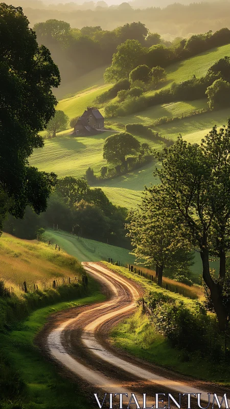 Sunlit country lane winds through peaceful green hills.