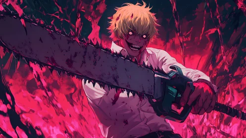 Blond anime figure holding bloodstained chainsaw weapon.
