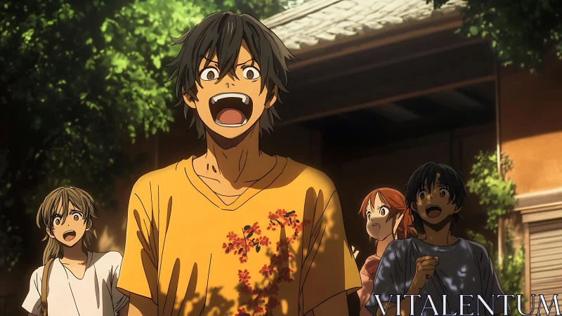 Teen friend group reacting with wide surprise outdoors.