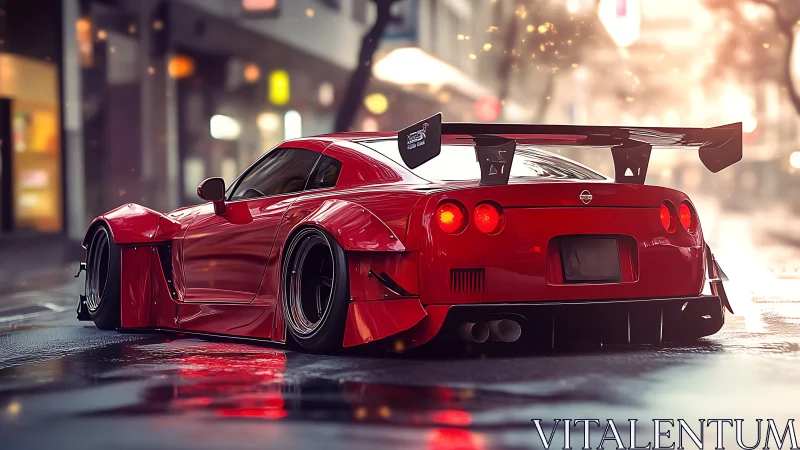 Midnight red street rocket idling in neon drizzle.