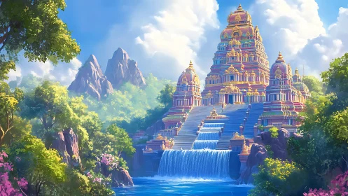 Tiered temple complex with waterfalls in forested valley.