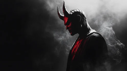 High-contrast horned humanoid profile in volumetric red rim light