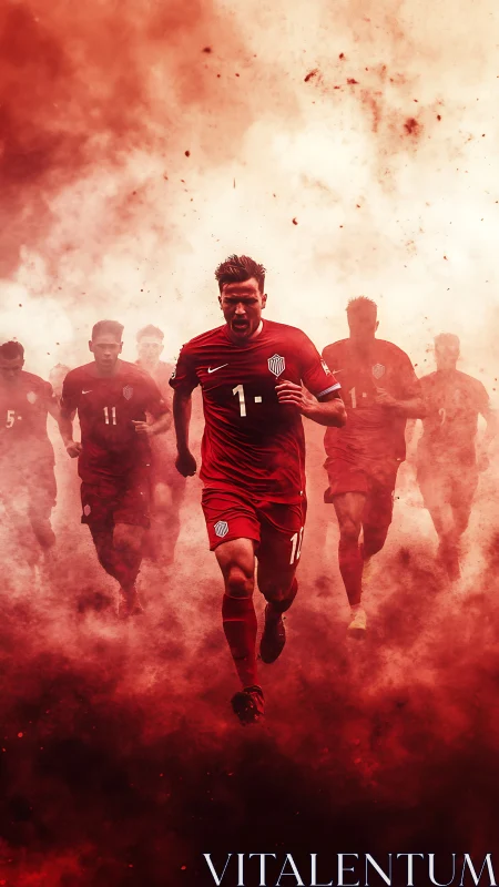 Soccer players running through dense red smoke field formation.