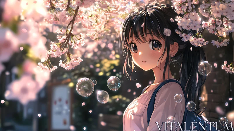 Daydreaming girl under cherry blossoms and drifting bubbles.