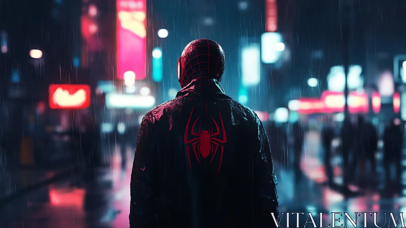 Rain-soaked urban hero quietly surveys the neon city