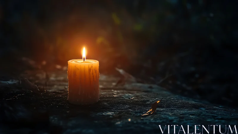 Lit Pillar Candle with Dynamic Flame Against Dark Ground