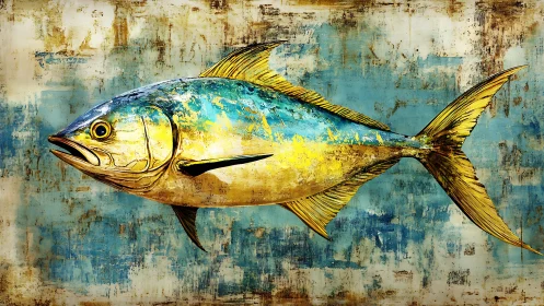 Golden blue tuna profile on textured abstract seascape wall.