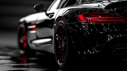 Glossy black sports car rear with red accents detail.
