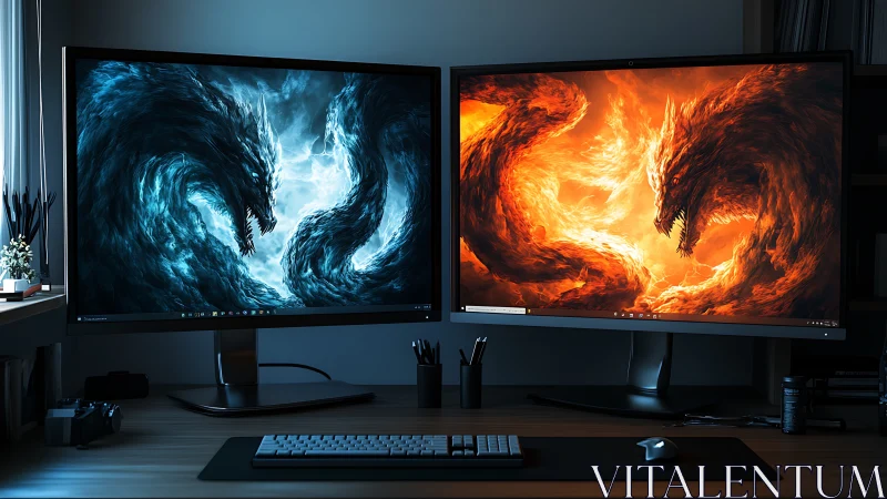 Dual dragon monitors glowing in a cozy gamer workspace.