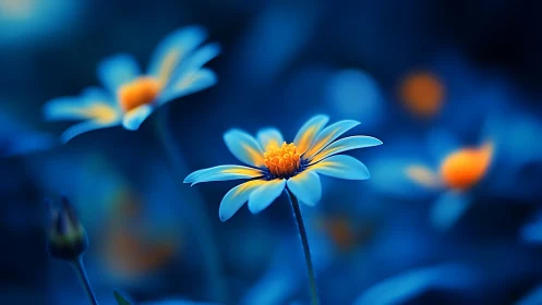 Blue daisies with orange centers in shallow depth field composition