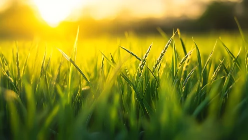 Photorealistic dawn-lit cereal blades in shallow-focus field.